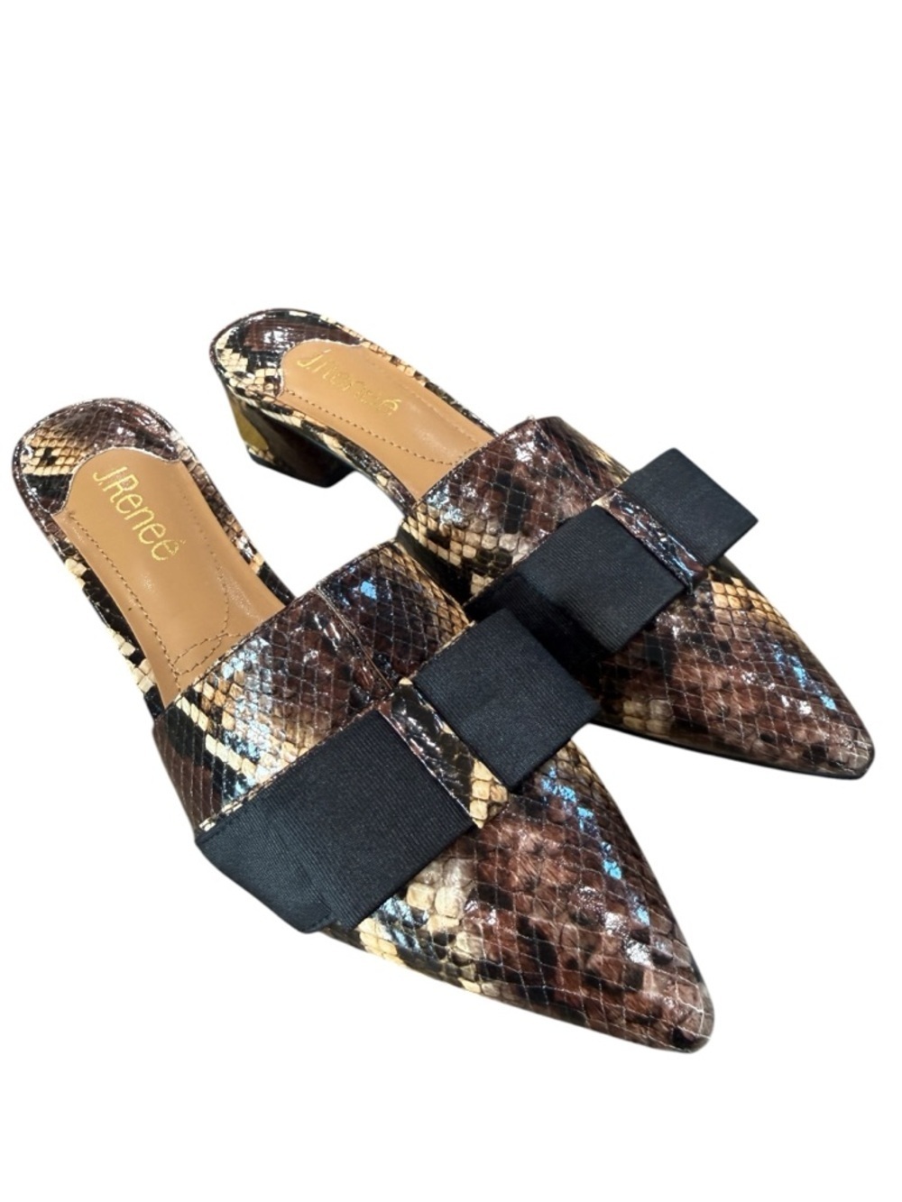 J. Renee Embossed Print Black Bow Mules Pointy Toe Size 7 1/2 M  1-1/2 in. Heel